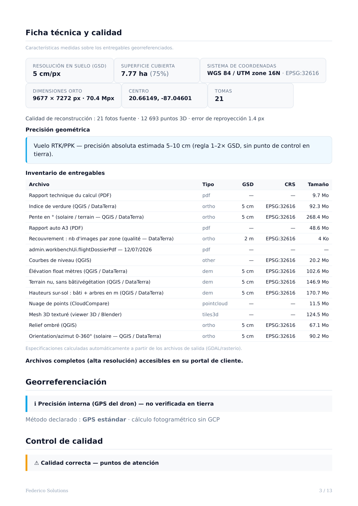 Corasol technical sheet with resolution, area, coordinates, control metrics and deliverables