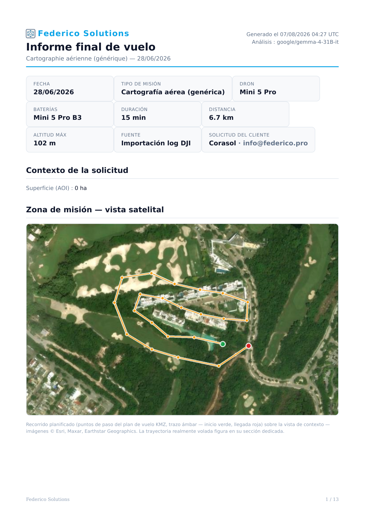 Corasol report cover with flight metadata and the planned route over satellite imagery