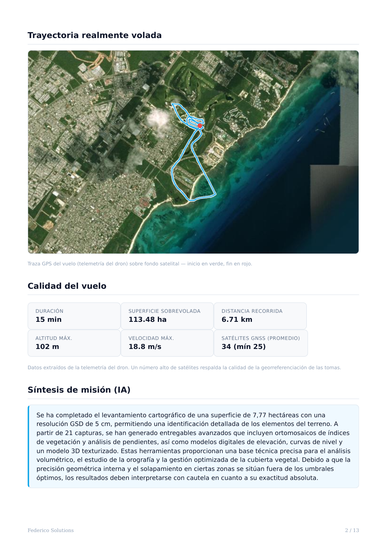 Actual GPS path at Corasol with duration, distance, flight footprint and mission summary