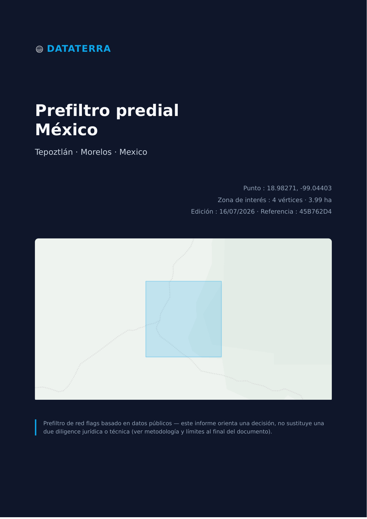 Tepoztlán land pre-screening cover with a 3.99 ha polygon and use disclaimer