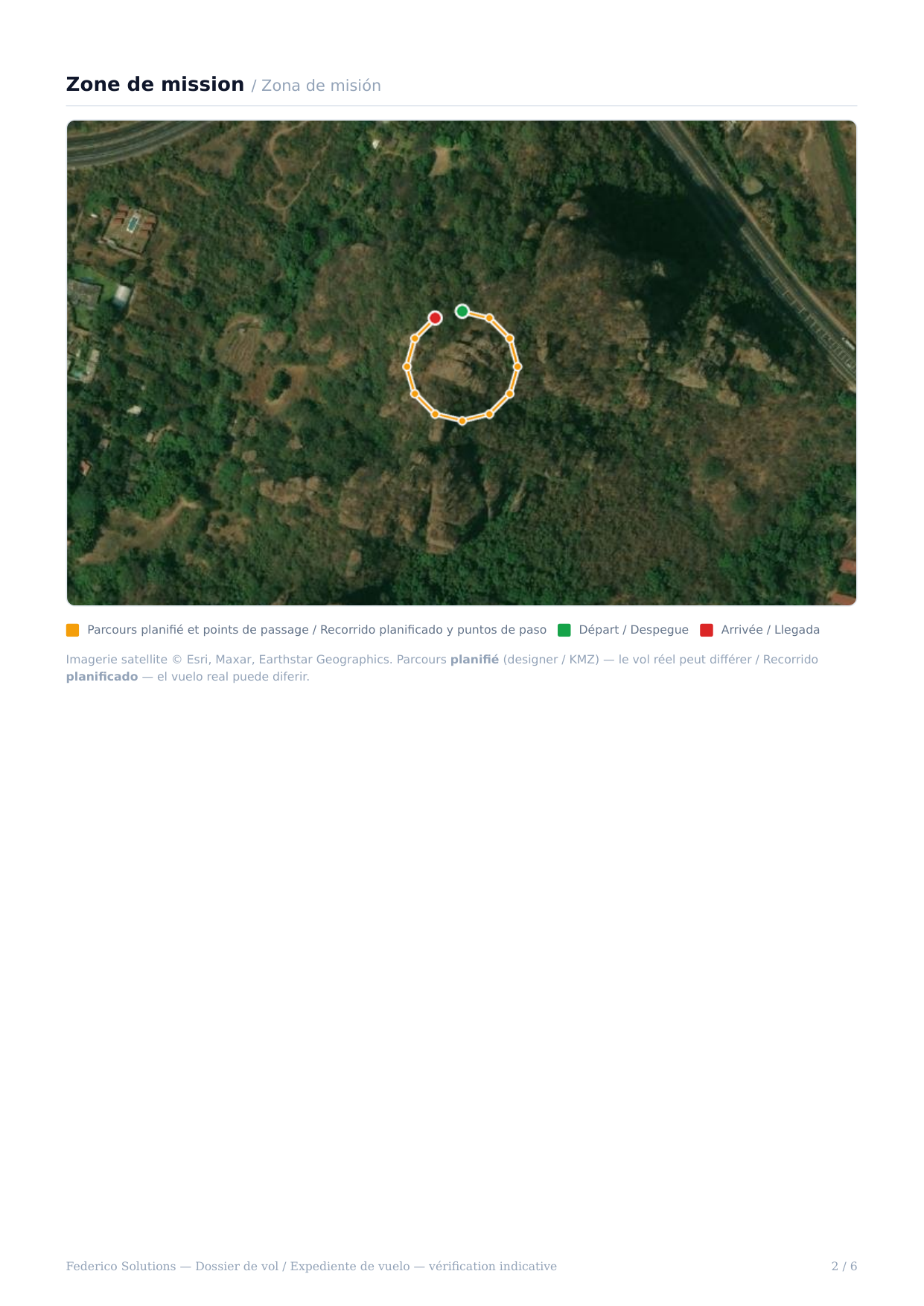 Flight file page: mission area and planned route over satellite imagery