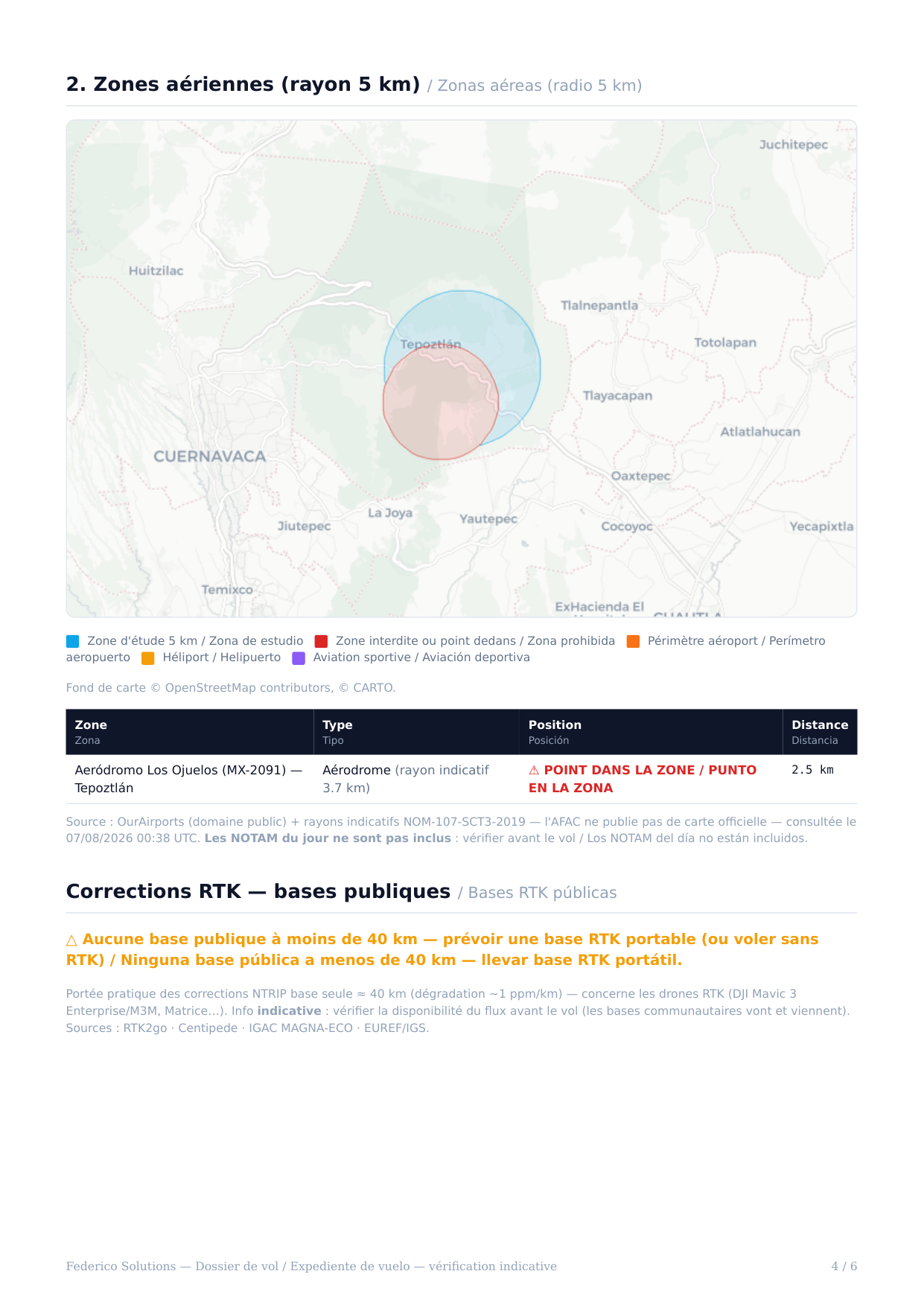 Flight file page: nearby airspace and public RTK bases