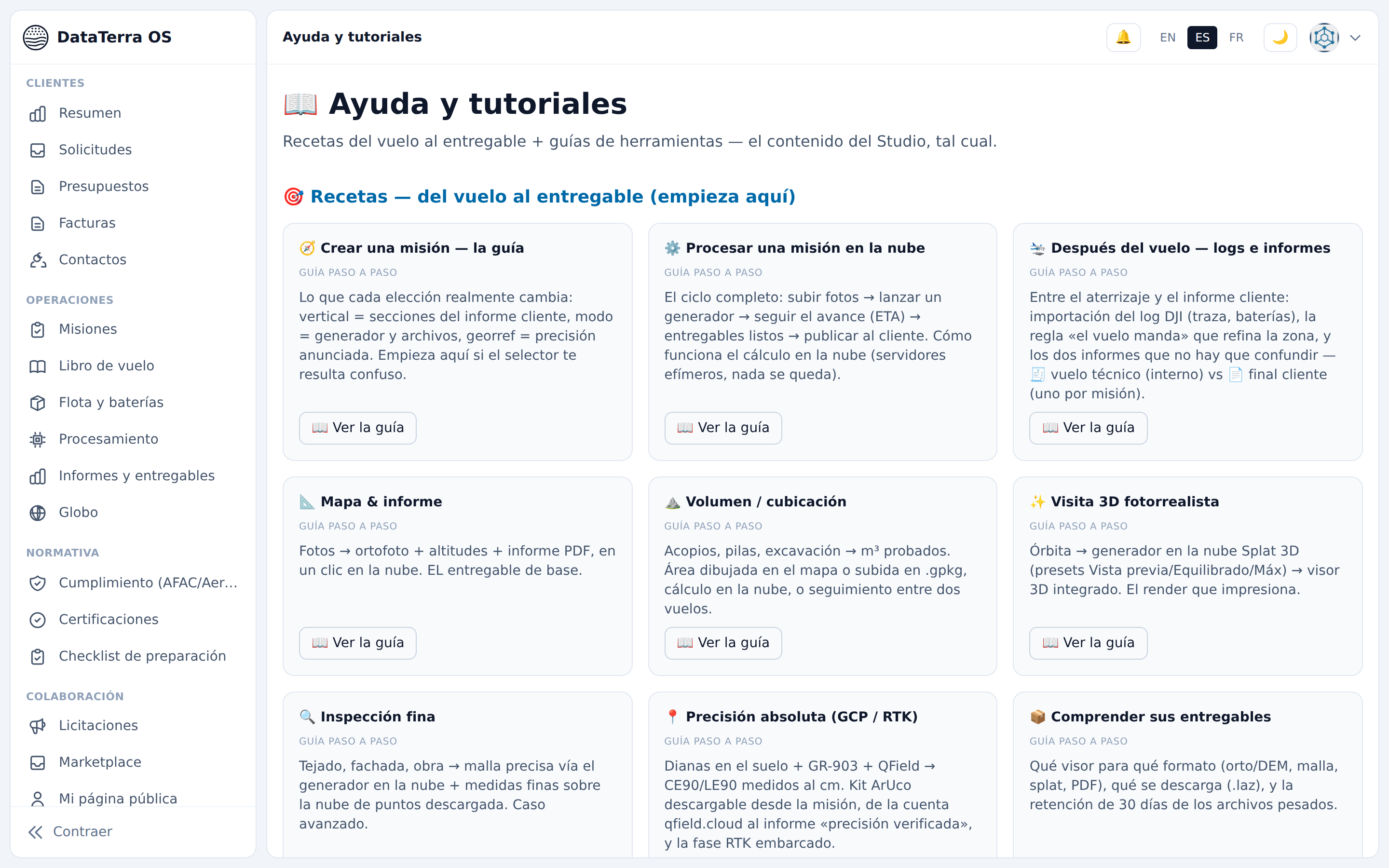 DataTerra OS help centre with flight-to-deliverable recipes in Spanish, English and French