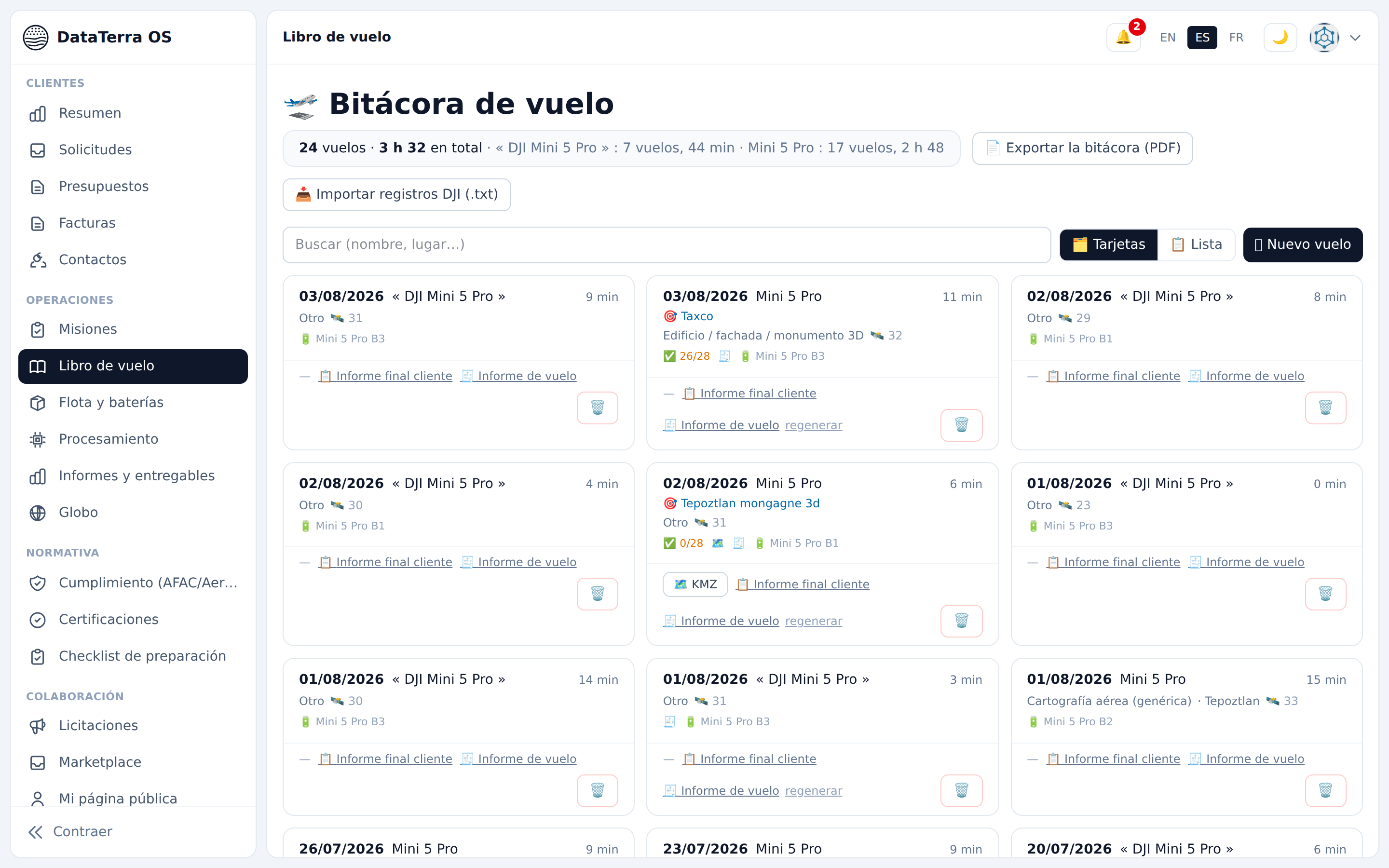 DataTerra OS flight log with imported flights, coverage, battery, KMZ and linked reports