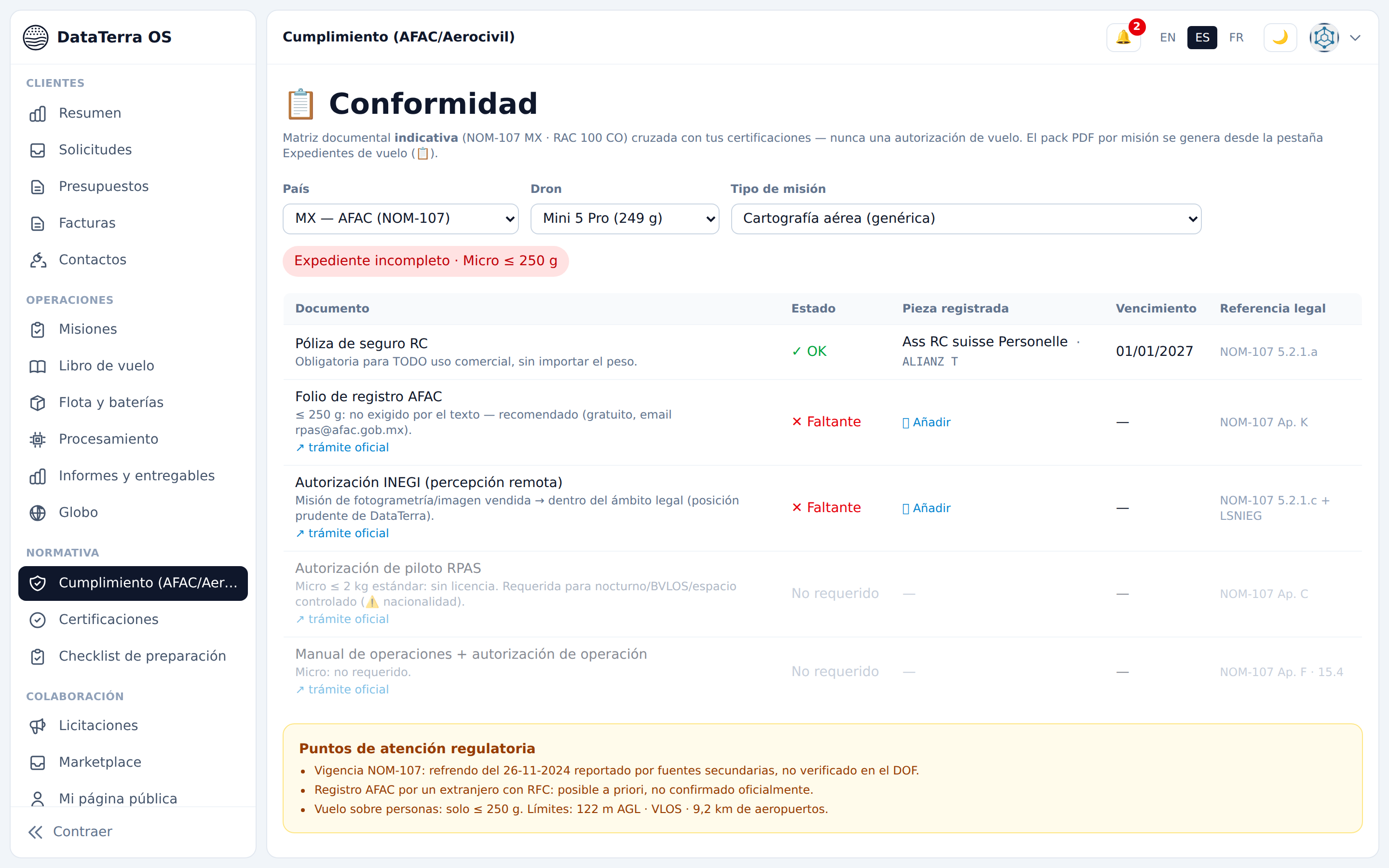 DataTerra OS NOM-107 Mexico and RAC 100 Colombia documentary compliance matrix