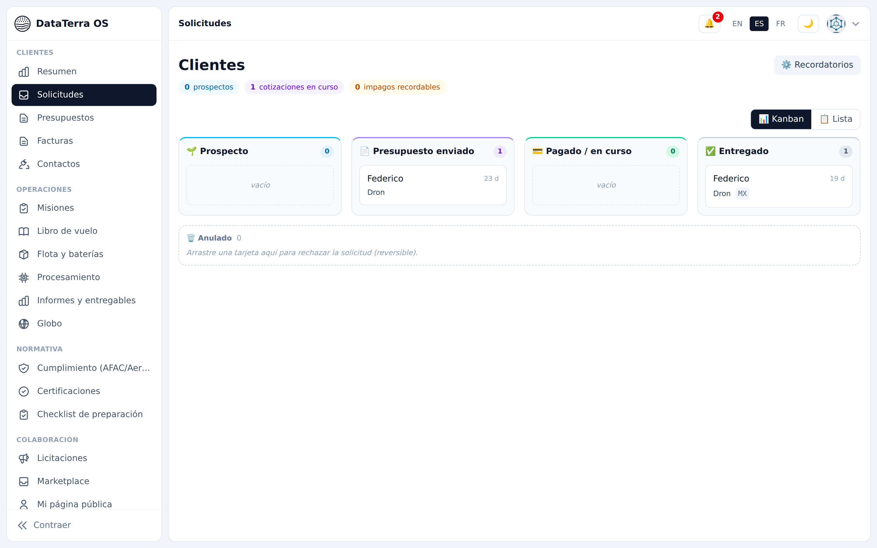 DataTerra OS request board with Lead, Quote sent, Paid or in progress and Delivered stages