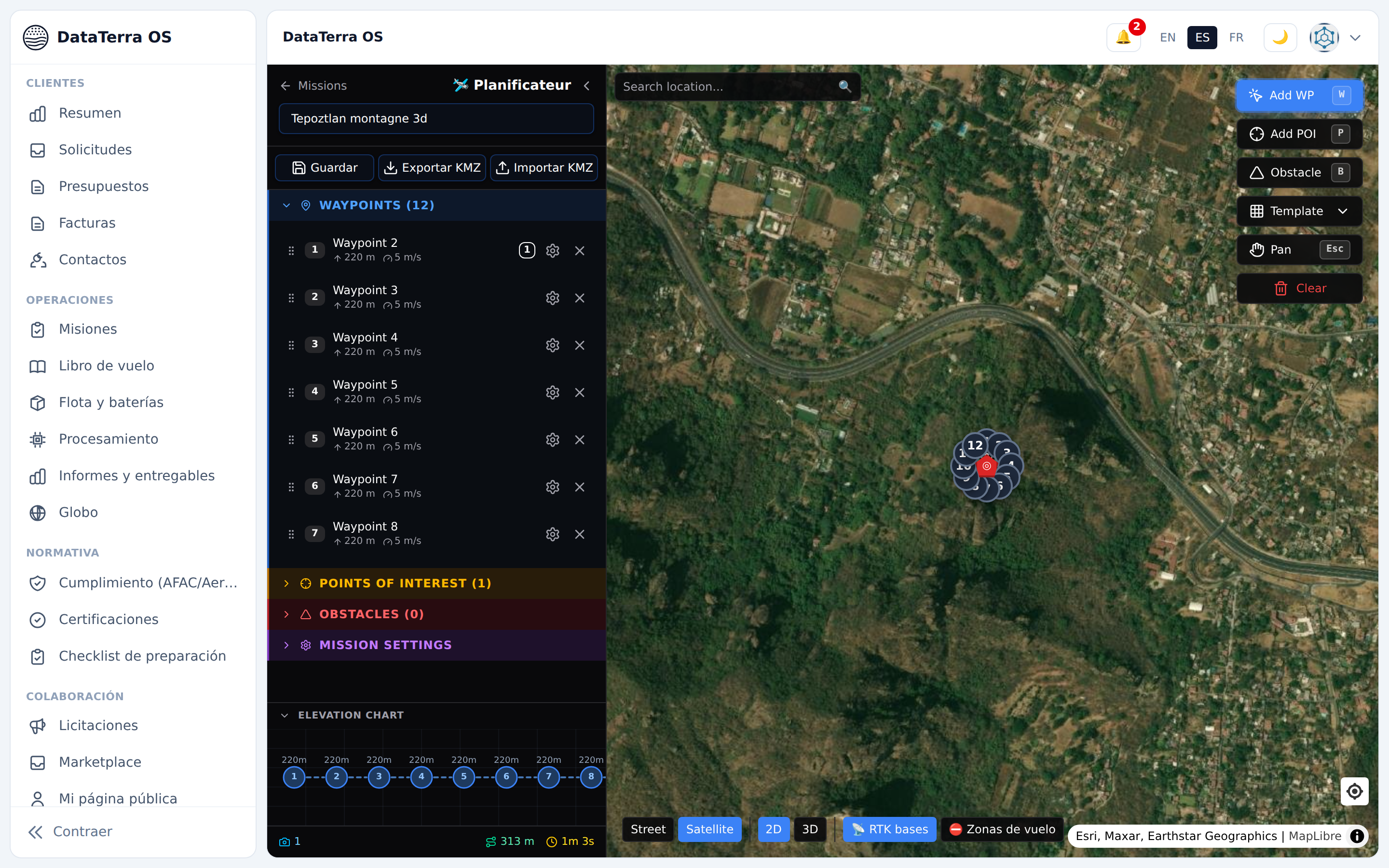 DataTerra OS planner with 12 orbit waypoints, altitude, speed, elevation profile, RTK bases and flight zones
