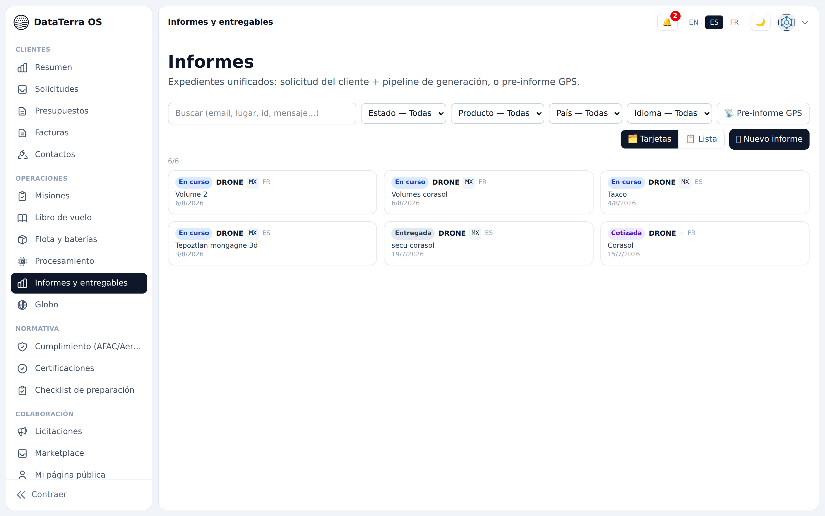 DataTerra OS reports and deliverables workbench filtered by status, product, country and language