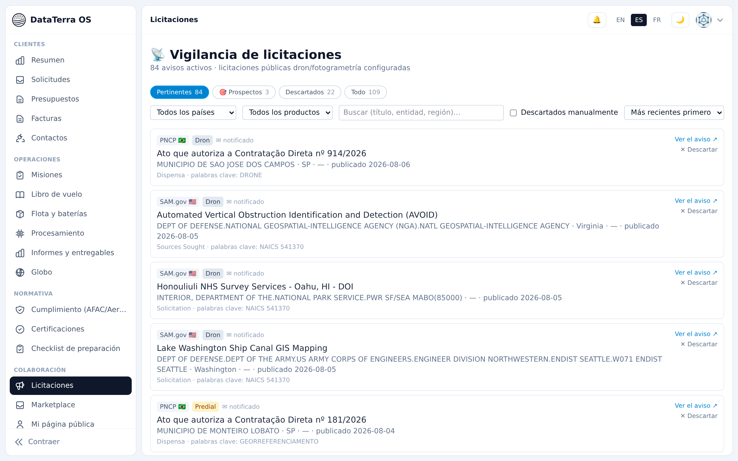 DataTerra OS multi-country public-tender watch with filters and qualification states