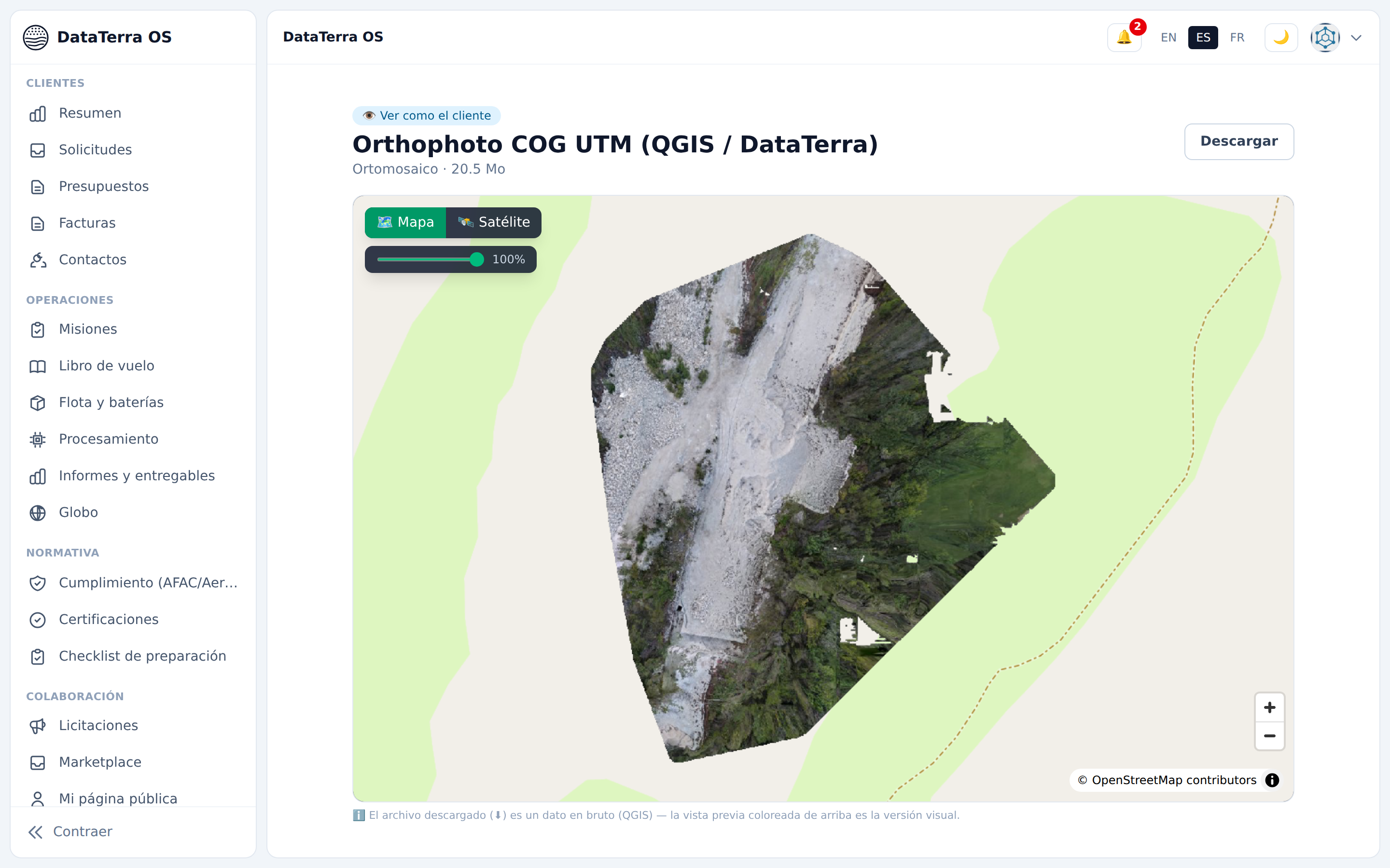 2D client viewer of a COG orthomosaic with switchable background, opacity, zoom and download