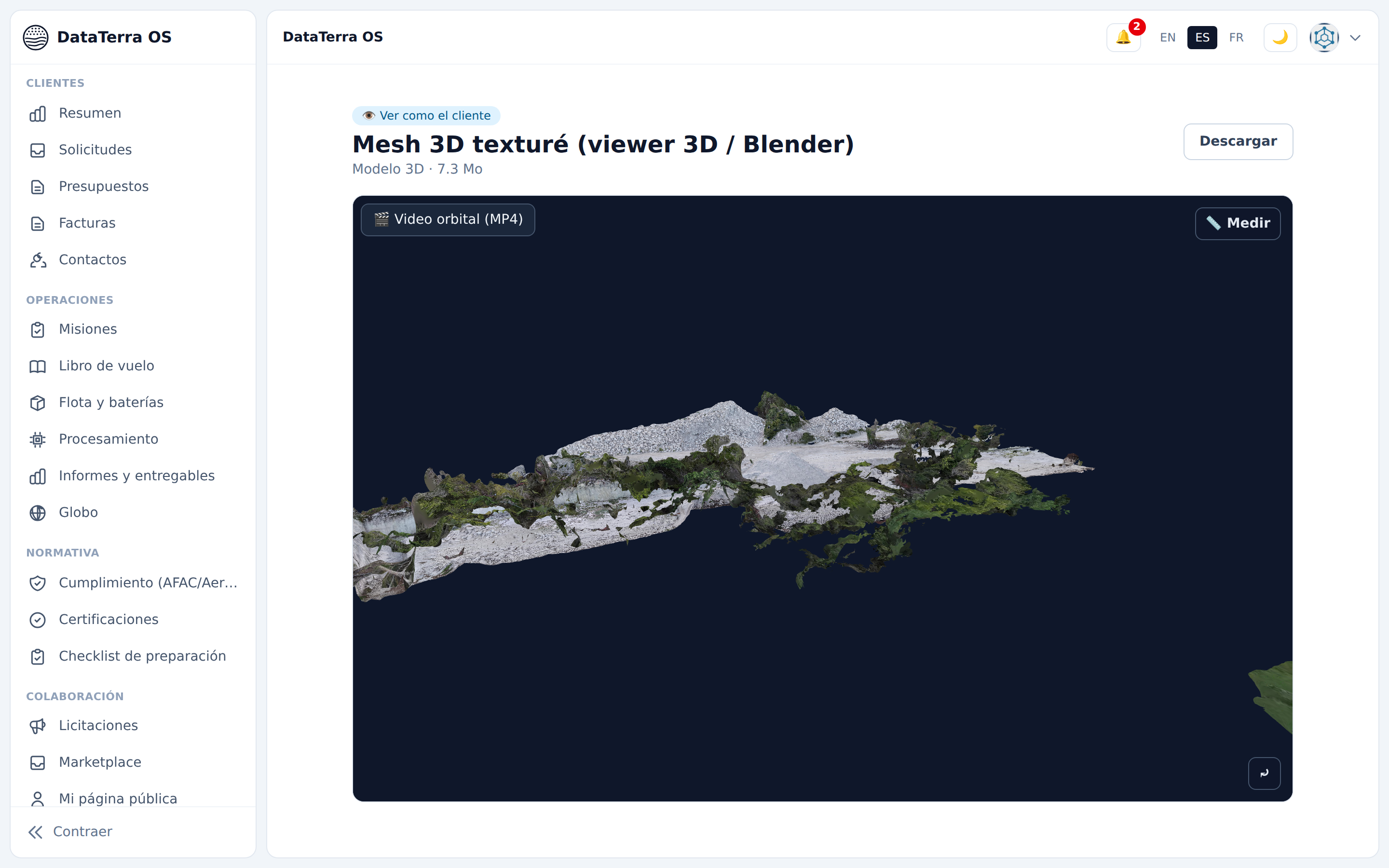 Client viewer of a textured 3D mesh with a measurement tool and orbital video