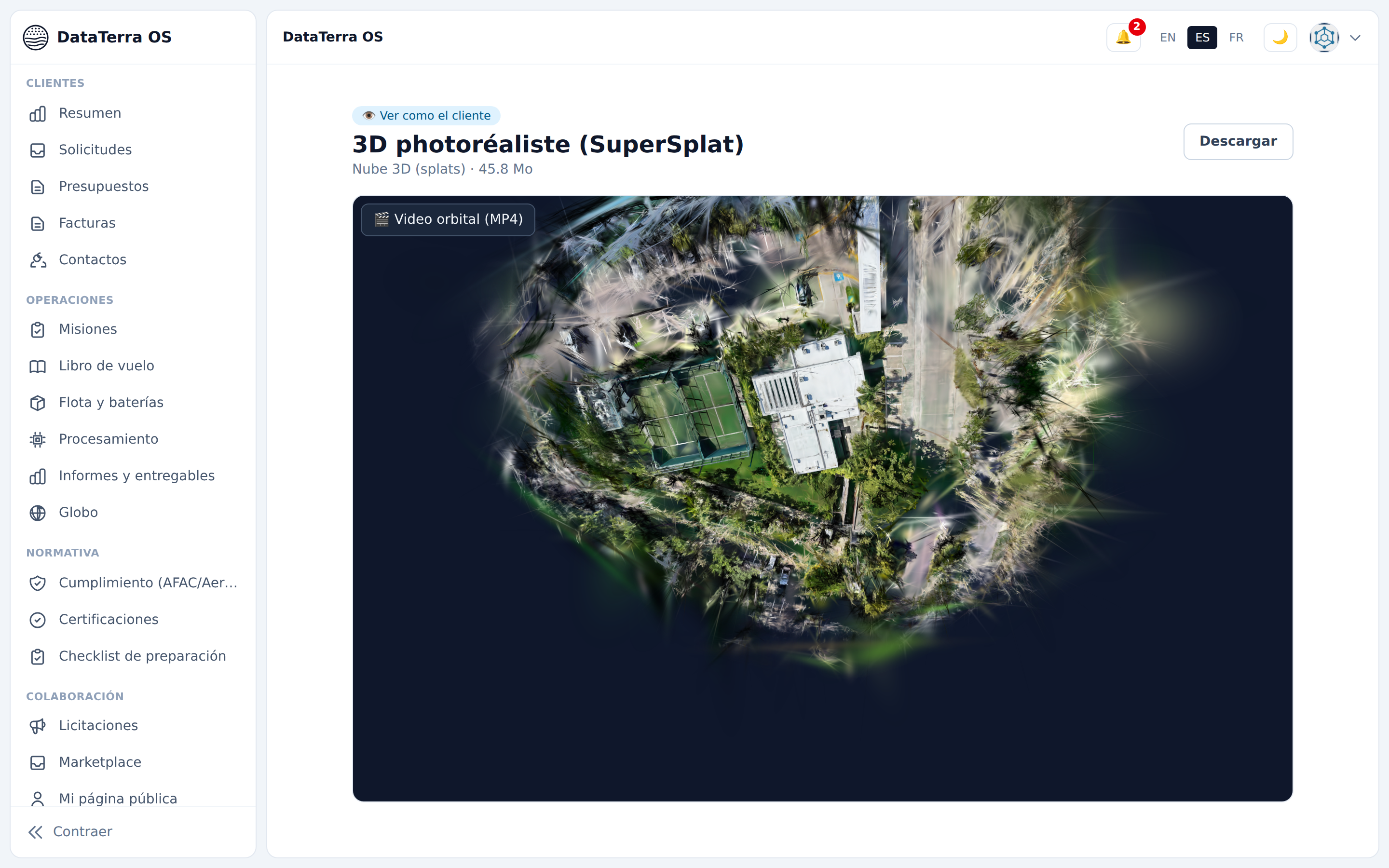 Client viewer of a photorealistic Corasol gaussian splat with download and orbital video